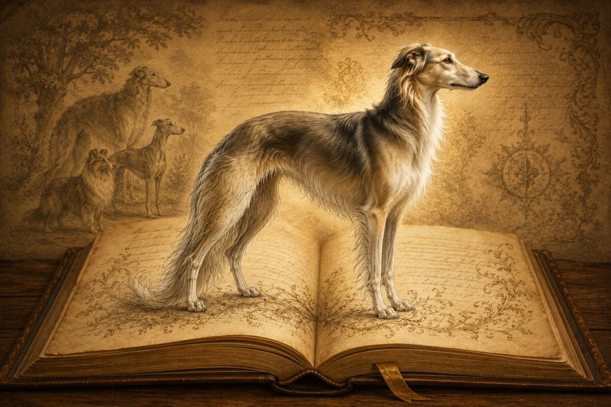 A Silken Windhound standing on an open antique book, with the foundation breeds—Borzoi, Whippet and Sheltie (there is a drop of Shetlie in the old Longhaired Whippets—in the background